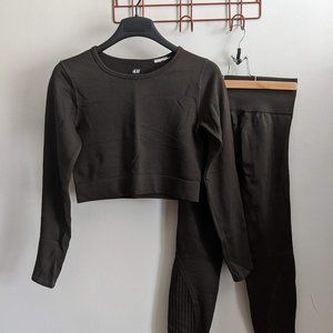 H&M Olive Green Workout Cropped Long-sleeve and Leggings Set